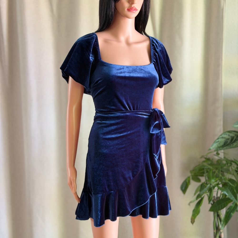 Blue Velvet Puff Sleeve Ruffle Hem‎ Wrap Mini Dress Holiday Cocktail Romantic M